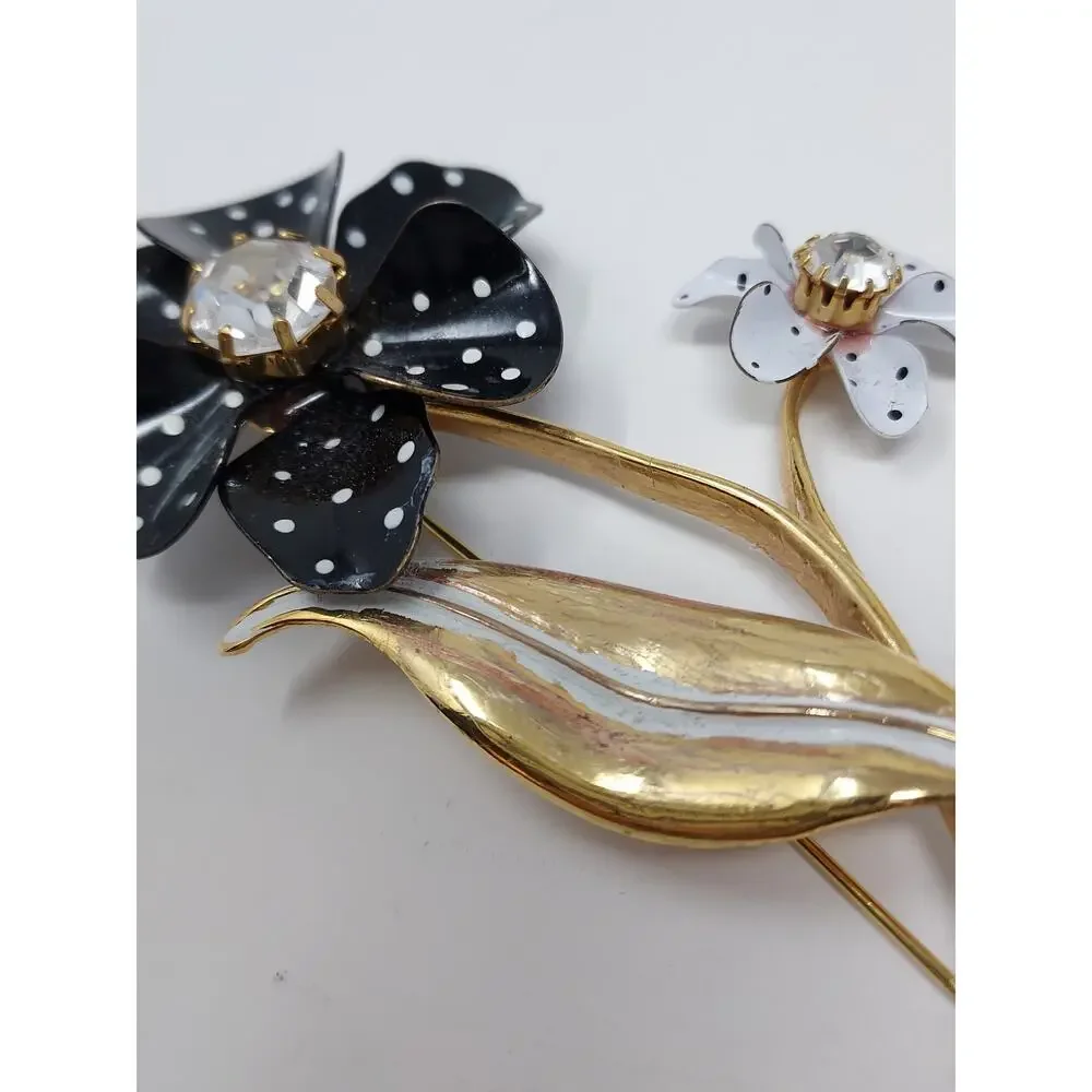 Vintage Enamel Flower Black White Polka Dots Rhinestone Avon 3.5